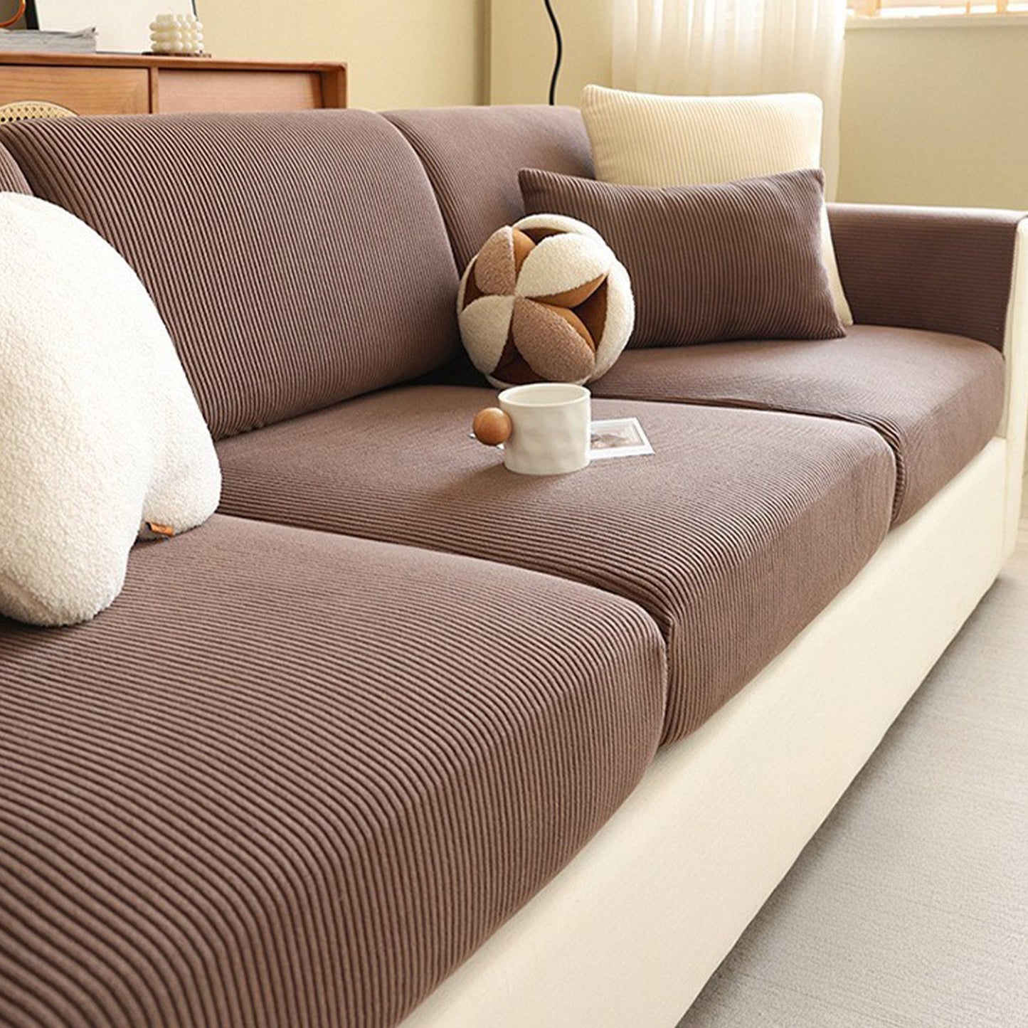 Copridivano elasticizzato in velluto a coste a righe verticali – Protezione completa antigraffio per animali domestici