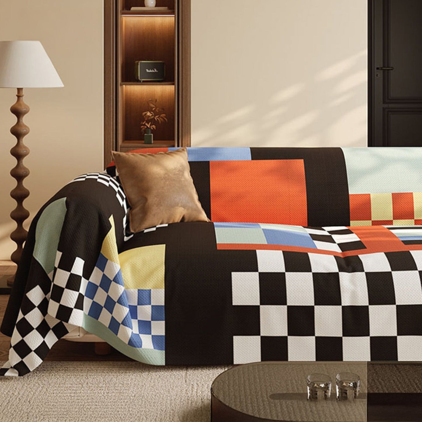 Copridivano traspirante con motivo arcade a blocchi retrò, morbido e facile da pulire, protezione per un miglioramento della casa