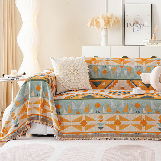 Copridivano in ciniglia con motivo tribale al tramonto, protezione morbida, traspirante ed elegante per un miglioramento della casa facile da pulire.