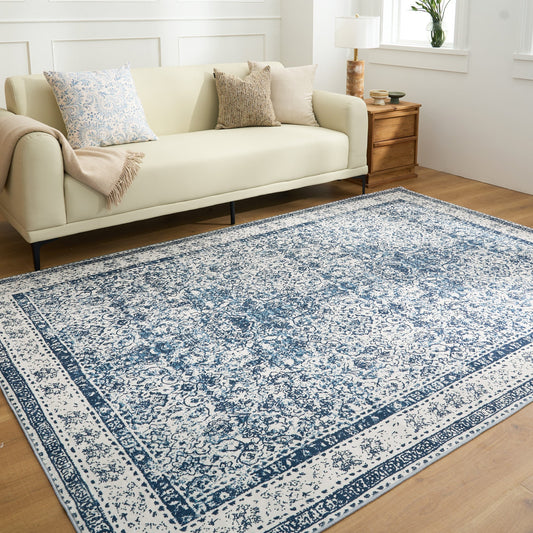 Tappeto lavabile facile da pulire, rustico, blu, persiano, design minimalista, resistente, anti-rovesciamento, adatto agli animali, antiscivolo, per soggiorno