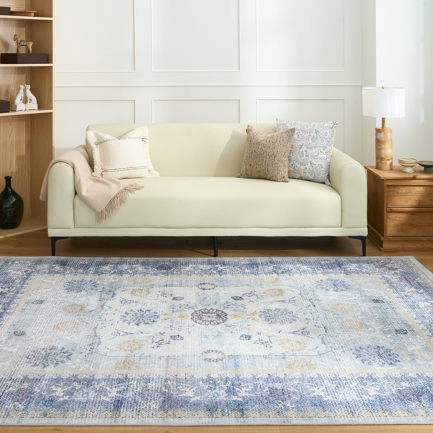 Tappeto lavabile facile da pulire, tradizionale, con bordo floreale blu calmo, resistente, anti-rovesciamento, adatto agli animali domestici, antiscivolo, per il soggiorno