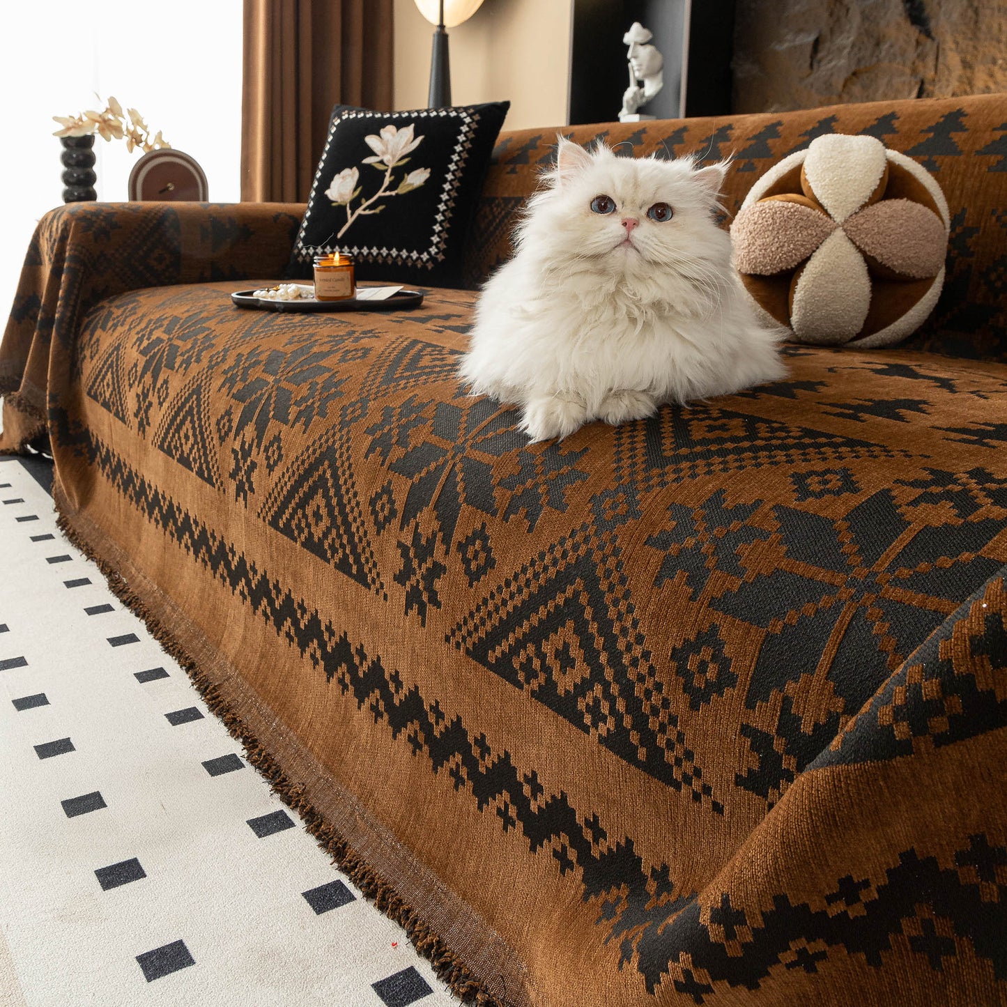 Copridivano traspirante monocromatico con motivo geometrico nordico, protezione morbida ed elegante per un'accogliente casa moderna e durevole