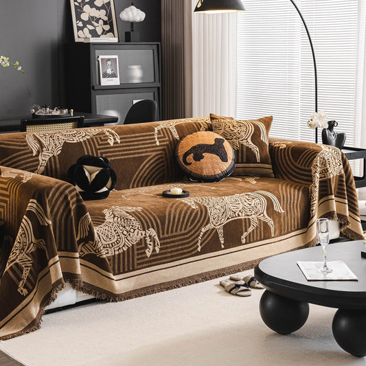 Copridivano in ciniglia traspirante con motivo a cavallo chic, protezione morbida ed elegante per un'accogliente casa moderna e senza problemi