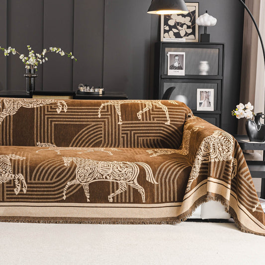 Copridivano in ciniglia traspirante con motivo a cavallo chic, protezione morbida ed elegante per un'accogliente casa moderna e senza problemi