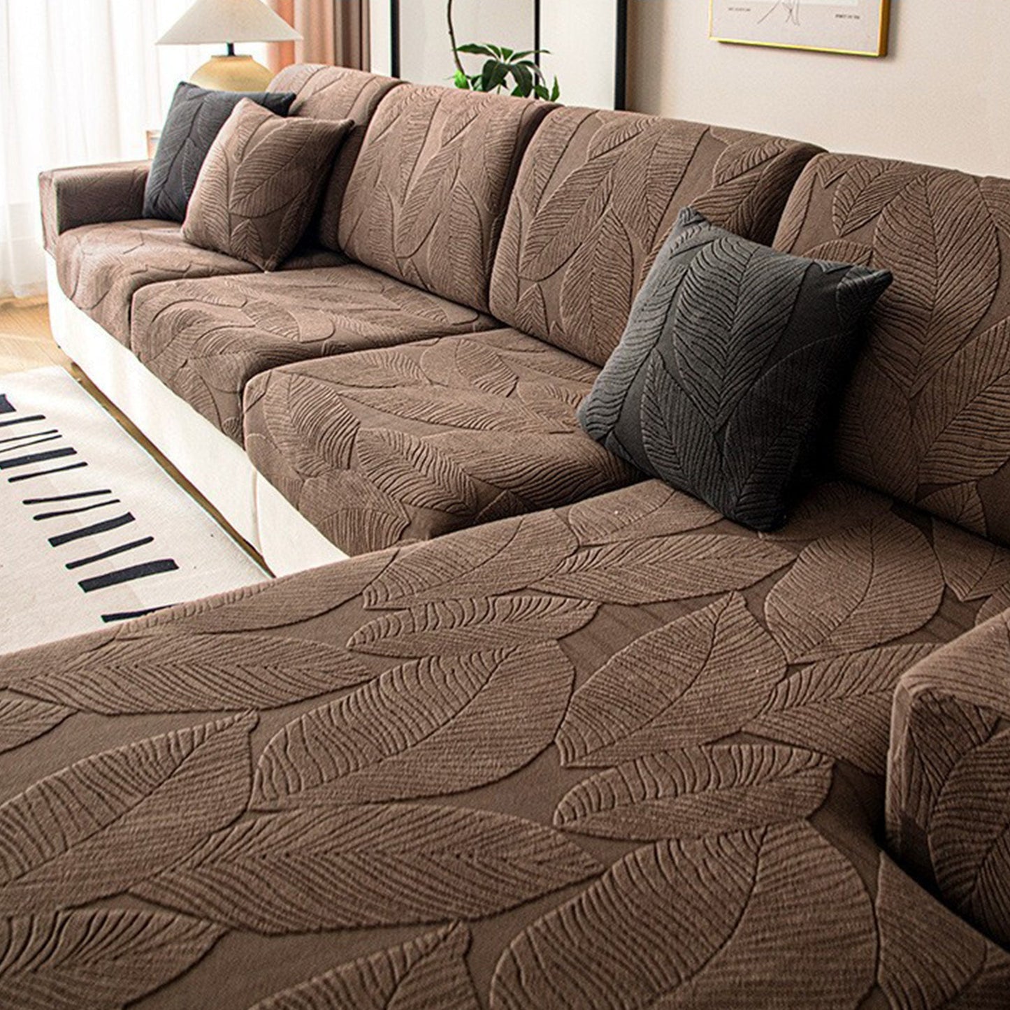 Copridivano elasticizzato in velluto jacquard moderno a foglia – impermeabile, a prova di animali domestici, design avvolgente