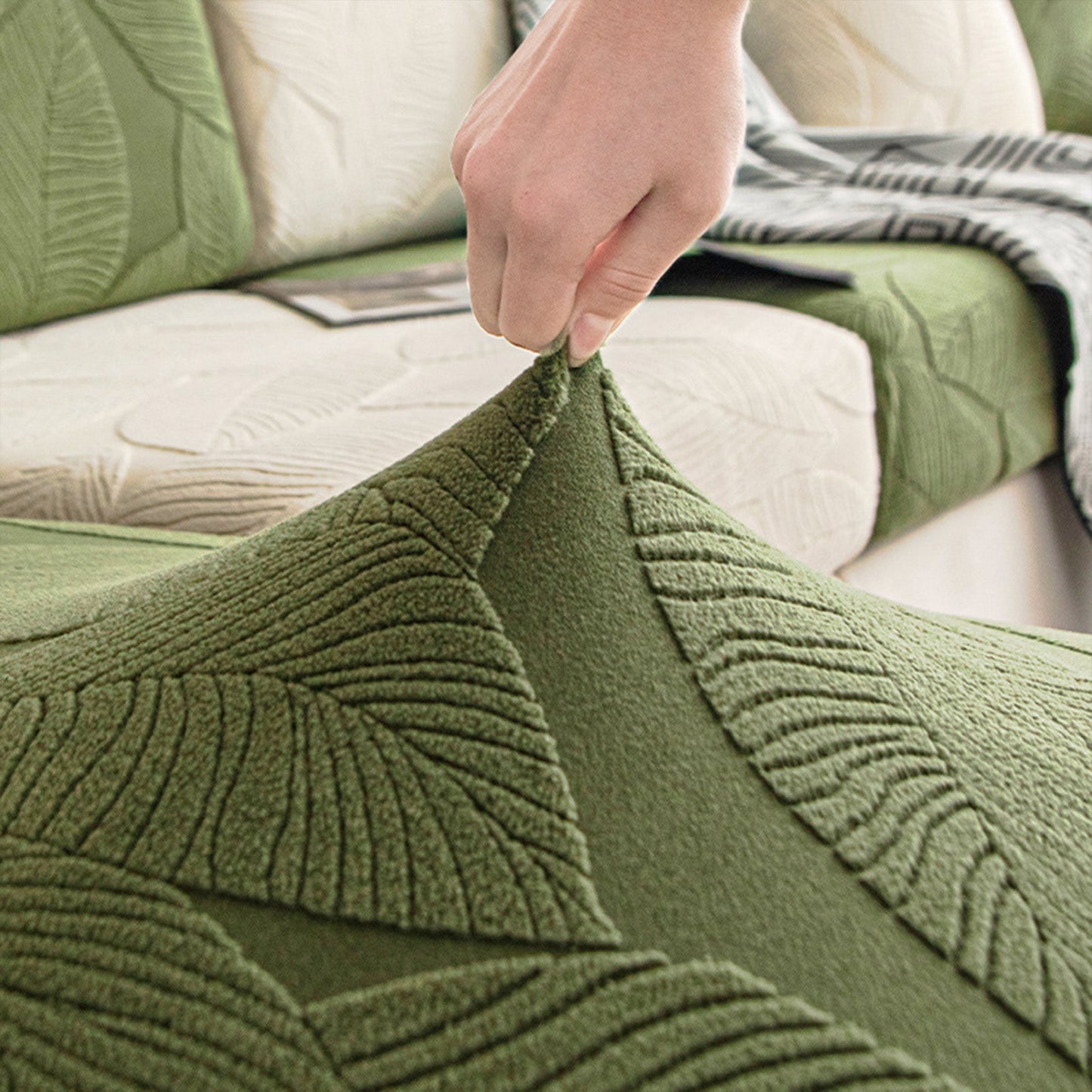 Copridivano elasticizzato in velluto jacquard moderno a foglia – impermeabile, a prova di animali domestici, design avvolgente