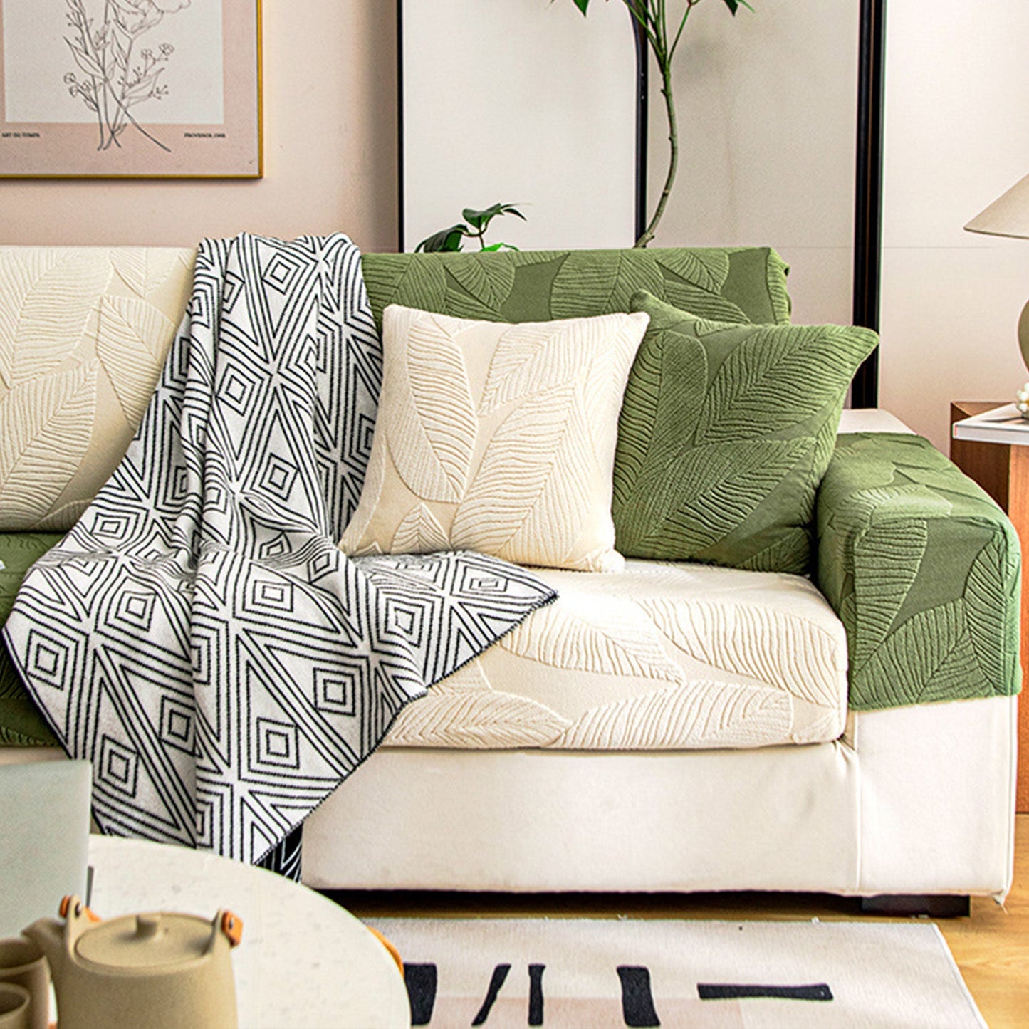 Copridivano elasticizzato in velluto jacquard moderno a foglia – impermeabile, a prova di animali domestici, design avvolgente