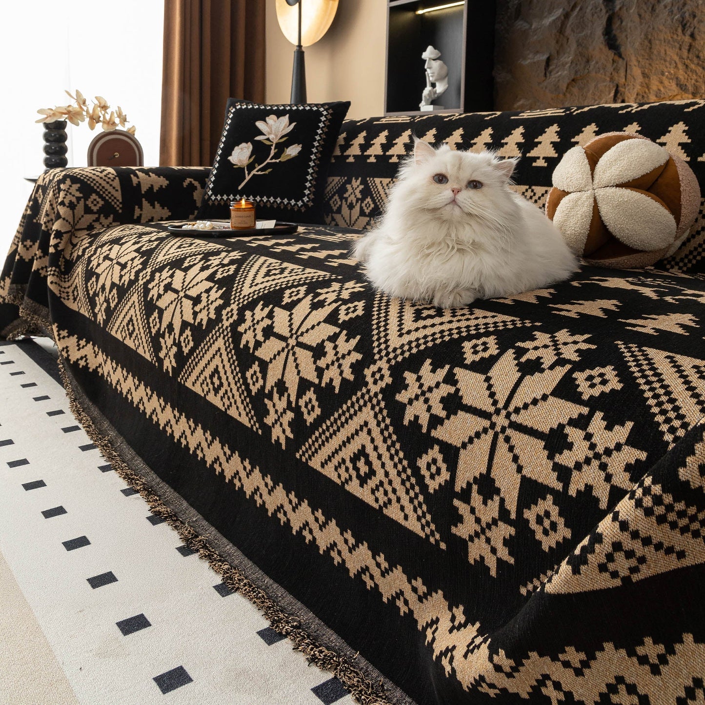 Copridivano traspirante monocromatico con motivo geometrico nordico, protezione morbida ed elegante per un'accogliente casa moderna e durevole