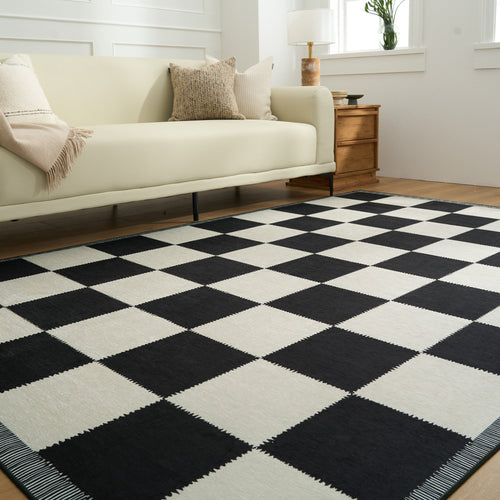 Tappeto lavabile facile da pulire, design a scacchi noir senza tempo, resistente, anti-rovesciamento, adatto agli animali domestici, antiscivolo, per il soggiorno