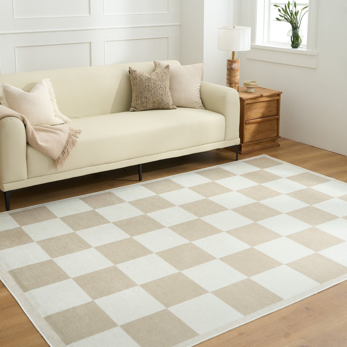 Tappeto lavabile facile da pulire, design a scacchi beige senza tempo, resistente, anti-rovesciamento, adatto agli animali domestici, antiscivolo, per il soggiorno