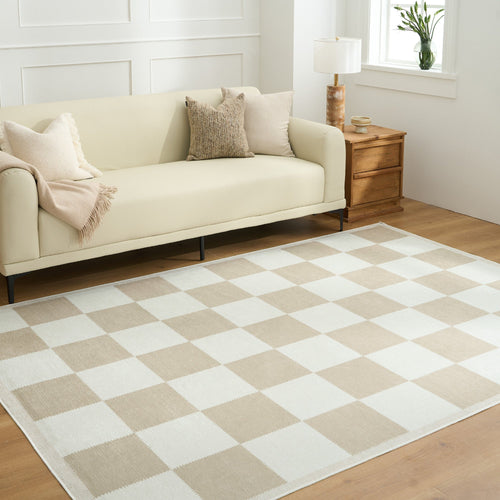 Tappeto lavabile facile da pulire, design a scacchi beige senza tempo, resistente, anti-rovesciamento, adatto agli animali domestici, antiscivolo, per il soggiorno