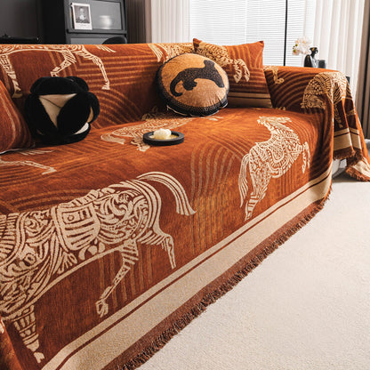 Copridivano in ciniglia traspirante con motivo a cavallo chic, protezione morbida ed elegante per un'accogliente casa moderna e senza problemi